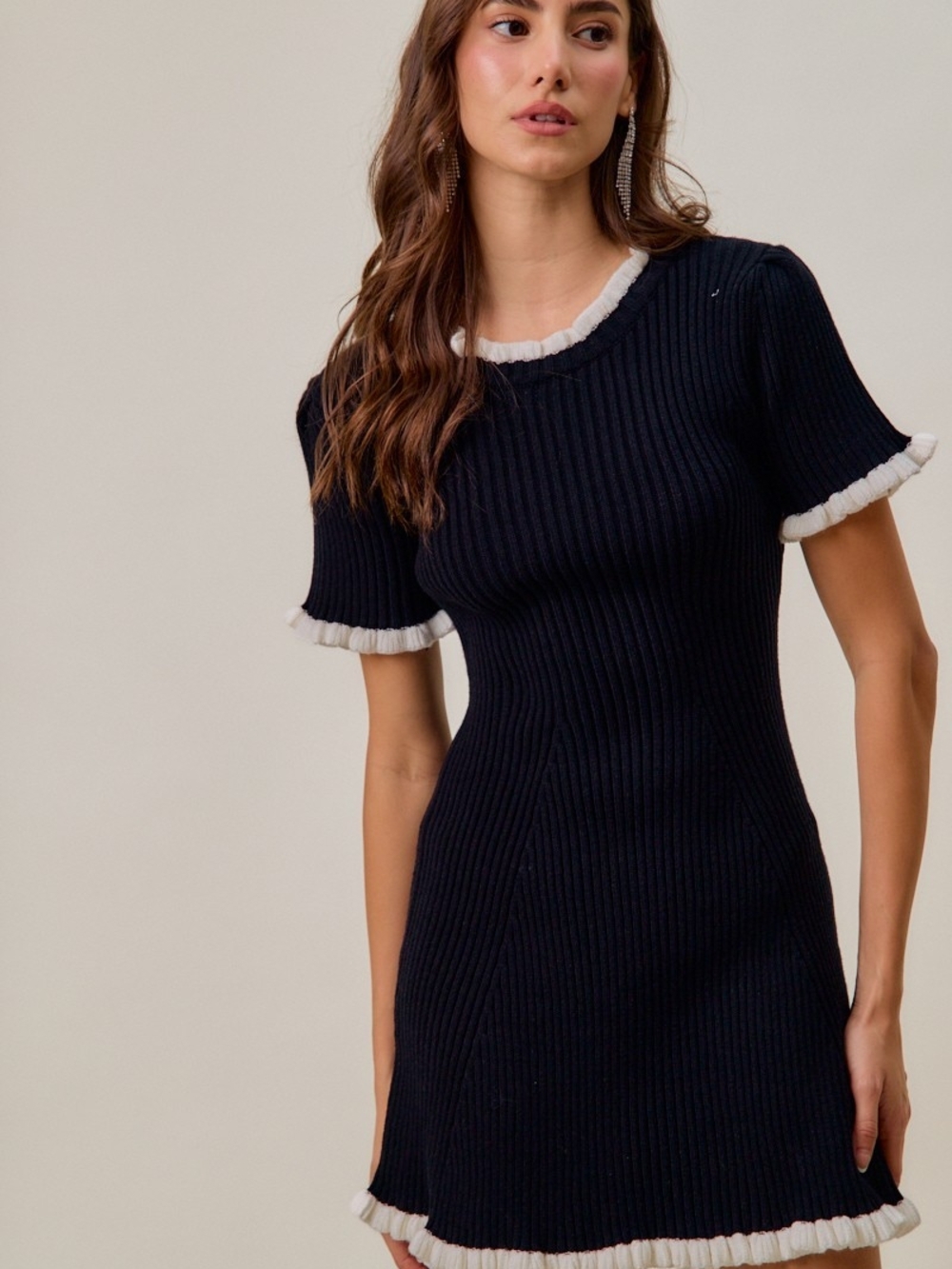 Black Ribbed Knit Mini Sweater Dress White Ruffle Trim - Large